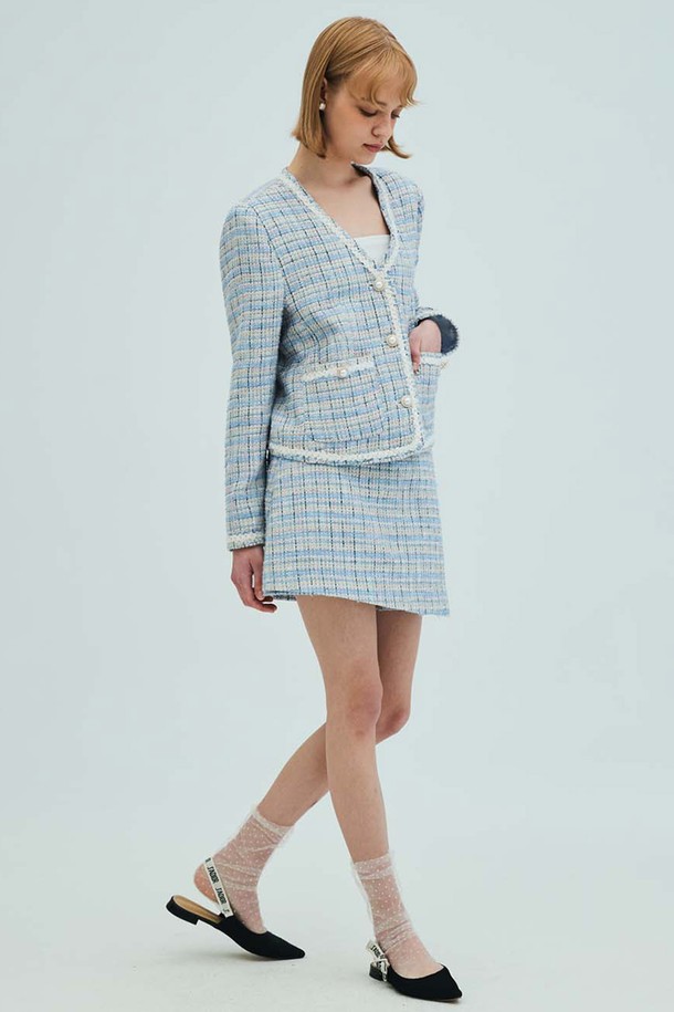 OPENING SUNSHINE - 셋업 - V-neck check tweed jacket_Wrap Short Set_Blue