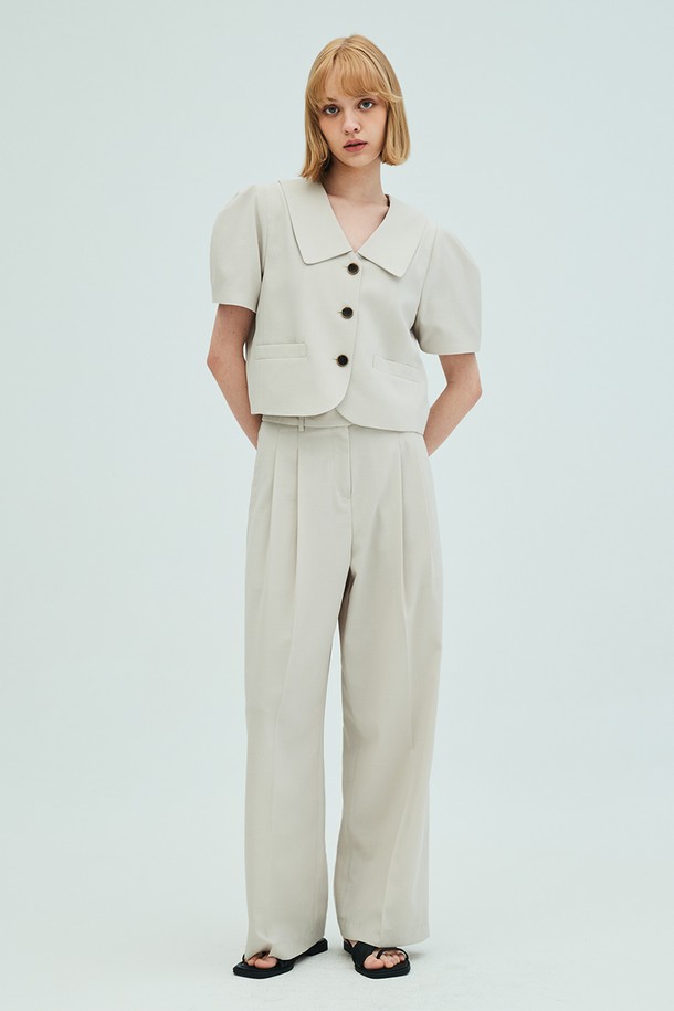 OPENING SUNSHINE - 셋업 - Puff sleeve cropped jacket_two-tuck wide pants set_Beige