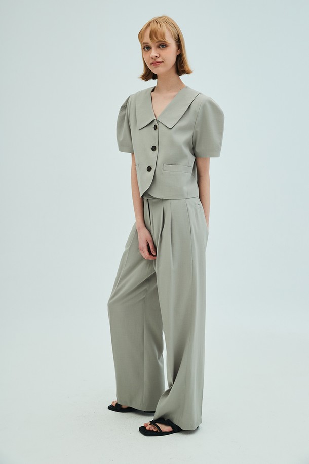 OPENING SUNSHINE - 셋업 - Puff sleeve cropped jacket_two-tuck wide pants set_Khaki