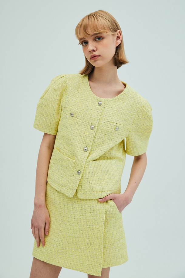 OPENING SUNSHINE - 셋업 - Puff Sleeve Tweed Jacket_Wrap Short Pants set_Yellow