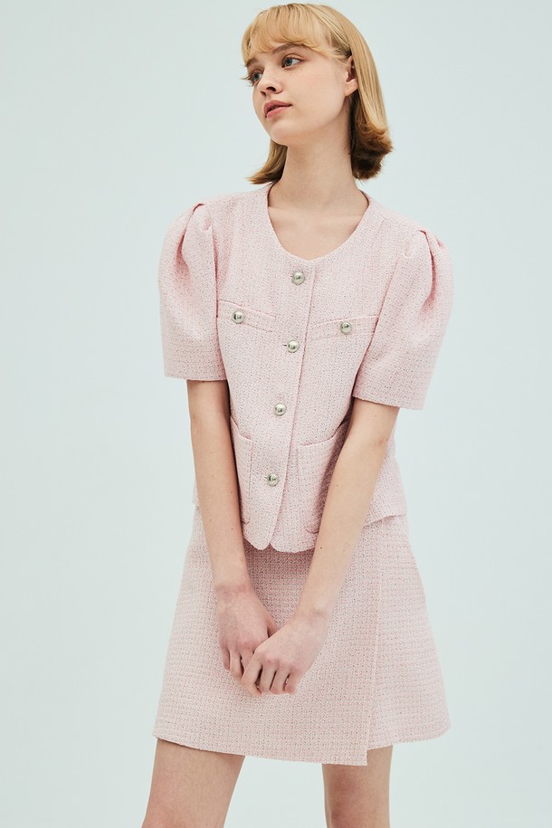 OPENING SUNSHINE - 셋업 - Puff Sleeve Tweed Jacket_Wrap Short Pants set_Pink