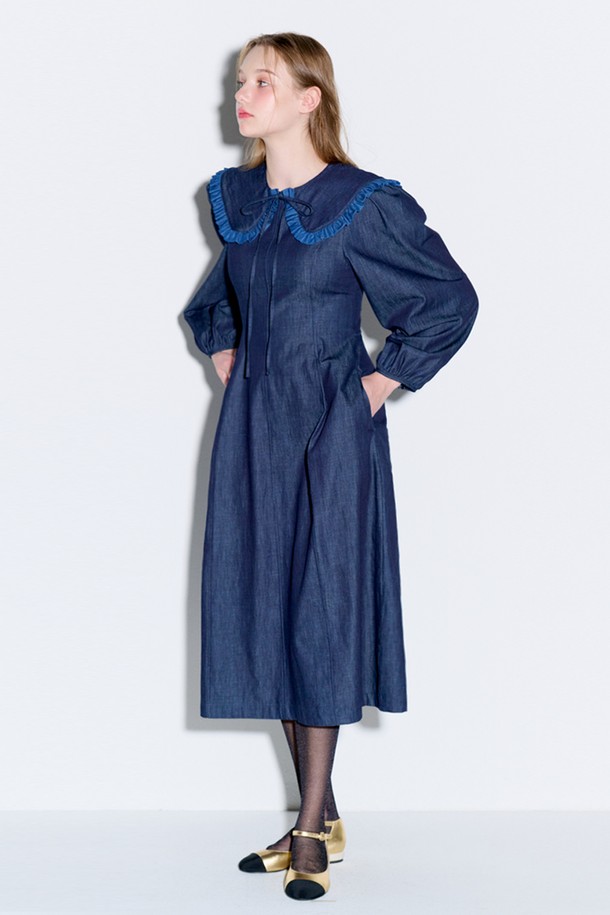 OPENING SUNSHINE - 긴소매 원피스 - Sailor collar flare long denim dress dark indigo