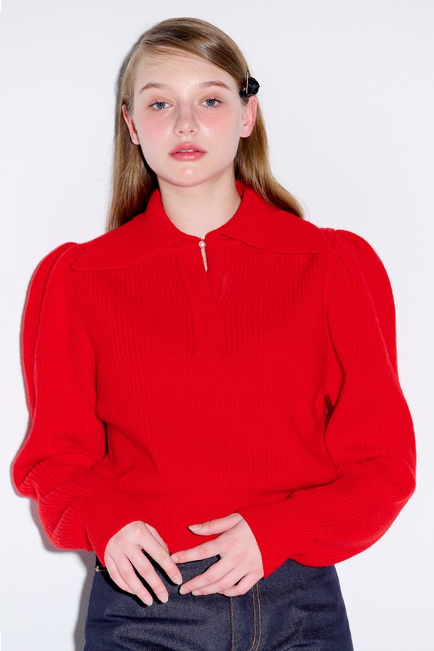 OPENING SUNSHINE - 스웨터 - Collar neck puff knit_Red