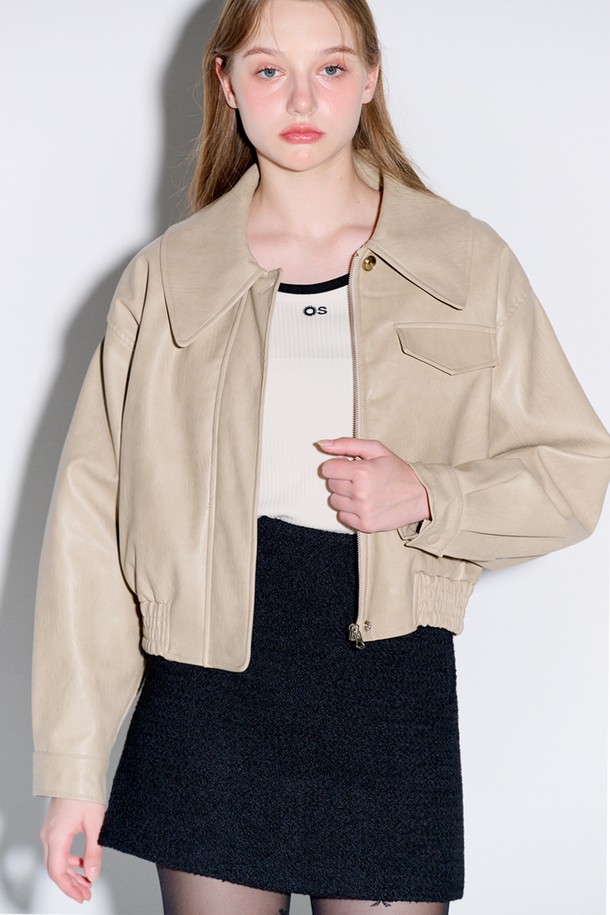 OPENING SUNSHINE - 레더 자켓 - Big collar eco leather blouson jacket_Beige