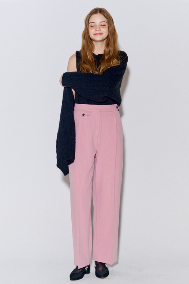 OPENING SUNSHINE - 롱/미디팬츠 - Button Point Wool Pintuck Wide Slacks Pink