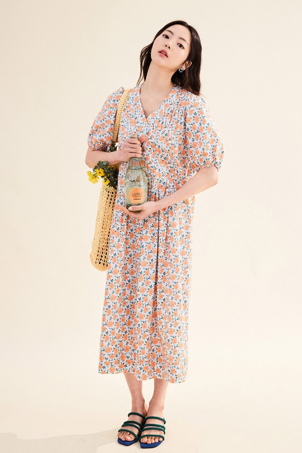 OPENING SUNSHINE - 반소매 원피스 - FLOWER PLEATED DRESS ORANGE