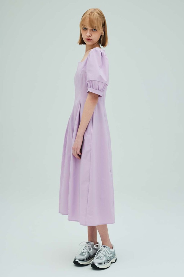 OPENING SUNSHINE - 반소매 원피스 - Square-neck puff sleeve flare dress_Lavender