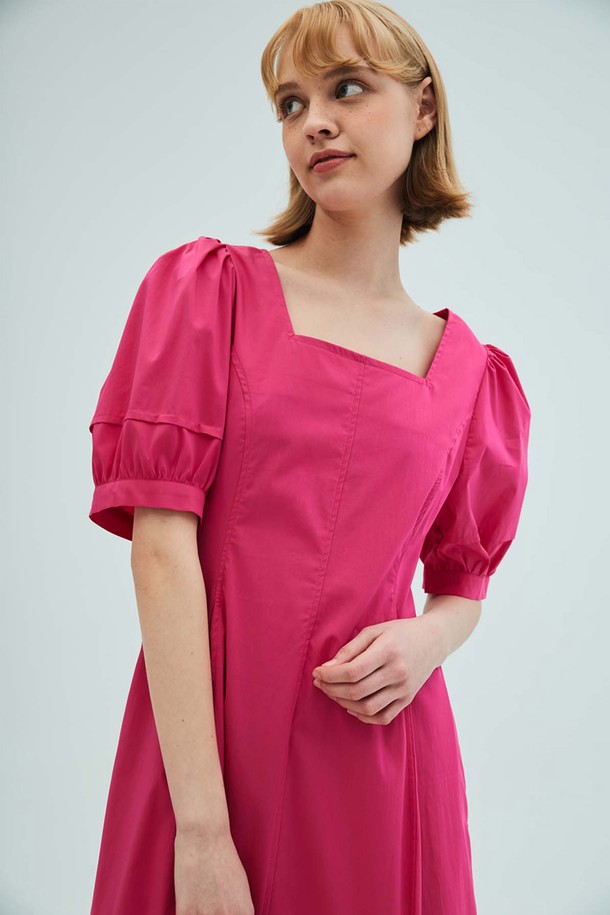 OPENING SUNSHINE - 반소매 원피스 - Square-neck puff sleeve flare dress_pink