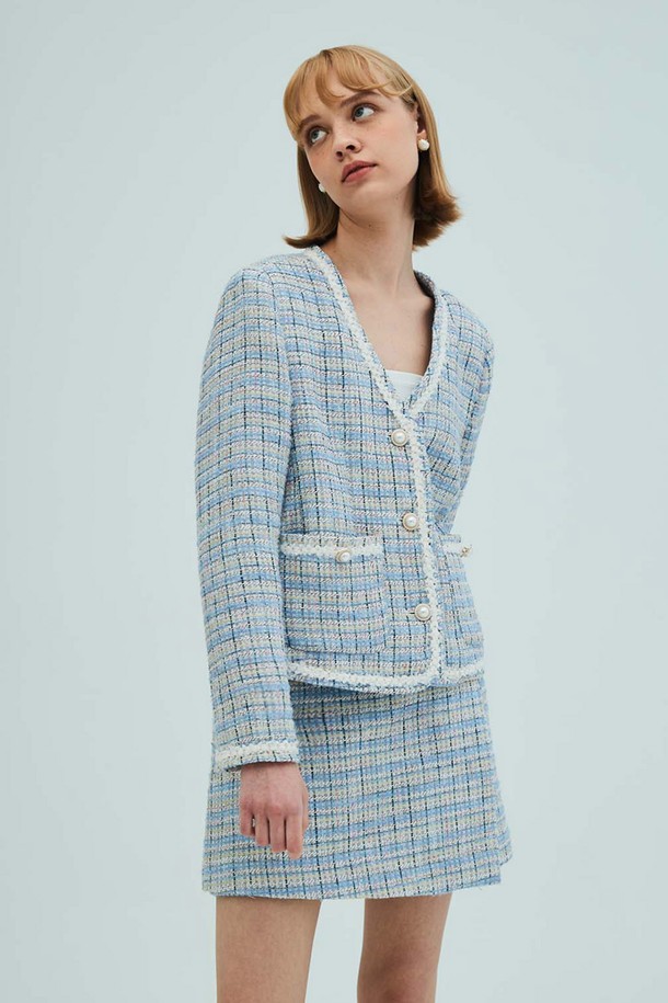 OPENING SUNSHINE - 자켓 - V-neck check tweed jacket_blue