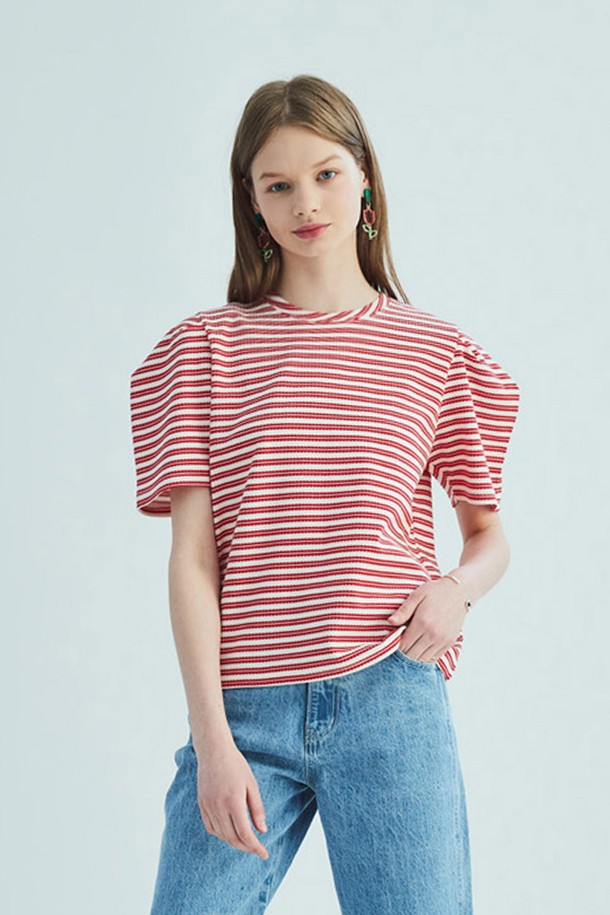 OPENING SUNSHINE - 반소매 티셔츠 - STRIPE PUFF SHORT SLEEVE T-SHIRT_RED