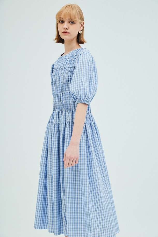 OPENING SUNSHINE - 반소매 원피스 - Shirring Detail Check Dress_Blue