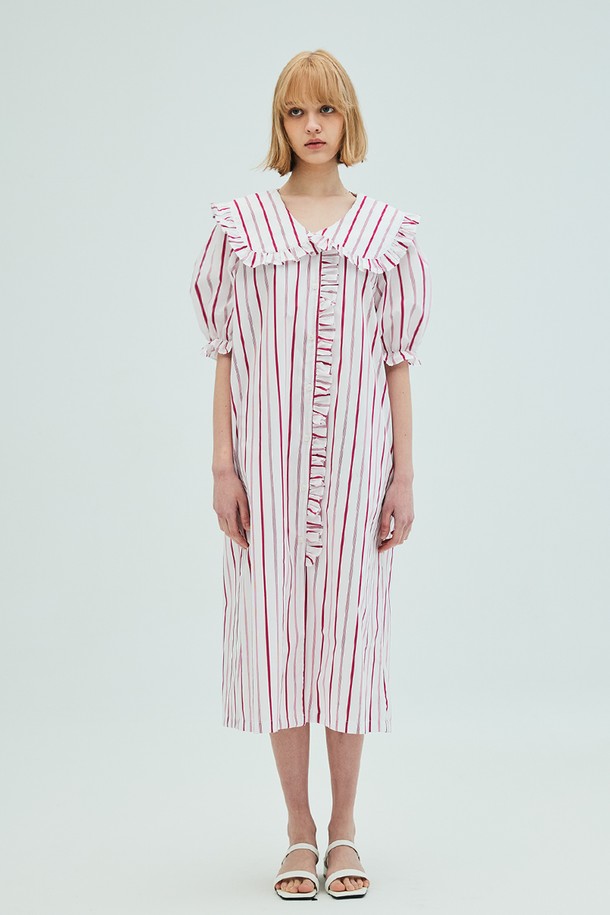 OPENING SUNSHINE - 반소매 원피스 - Striped Sailor Collar Puff Sleeve Dress