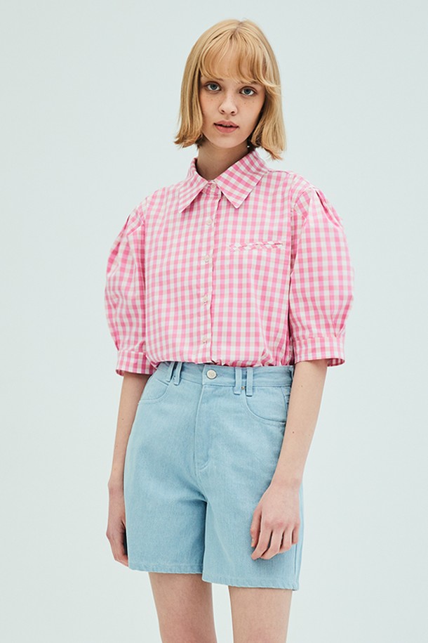 OPENING SUNSHINE - 블라우스 - Puff Short Sleeve Check Blouse_Pink