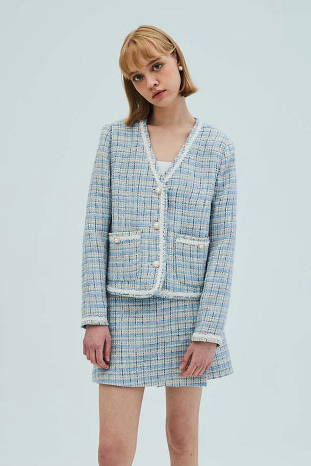 OPENING SUNSHINE - 셋업 - V-neck check tweed jacket_Wrap Short Set_Blue