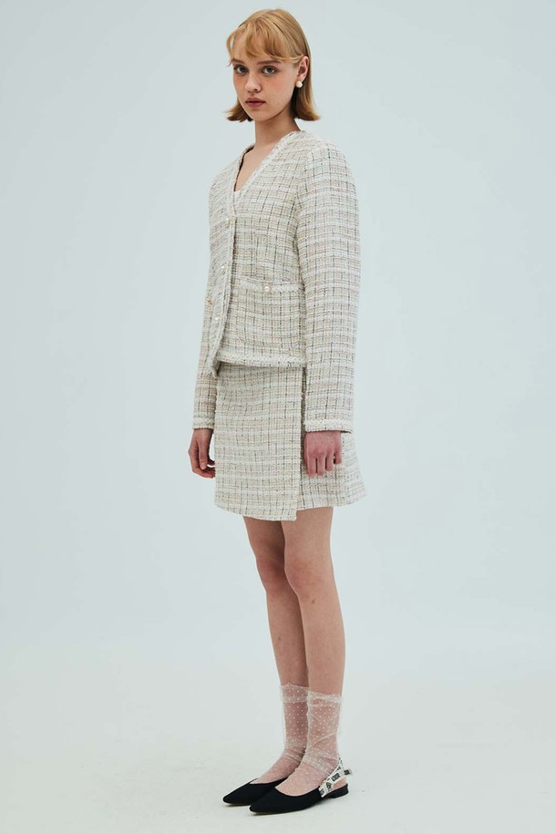 OPENING SUNSHINE - 셋업 - V-neck check tweed jacket_Wrap Short Set_Ivory