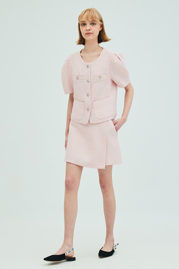 OPENING SUNSHINE - 셋업 - Puff Sleeve Tweed Jacket_Wrap Short Pants set_Pink