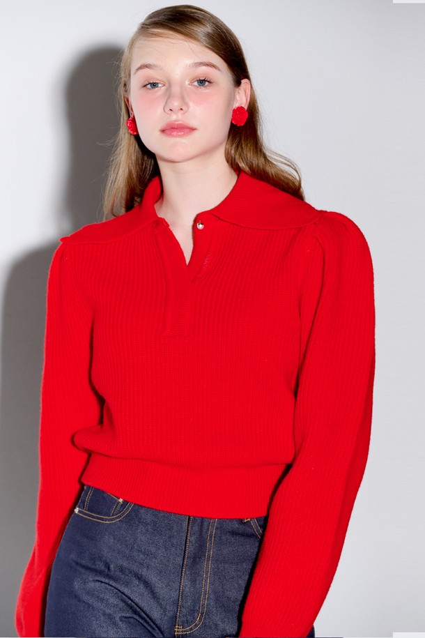 OPENING SUNSHINE - 스웨터 - Collar neck puff knit_Red