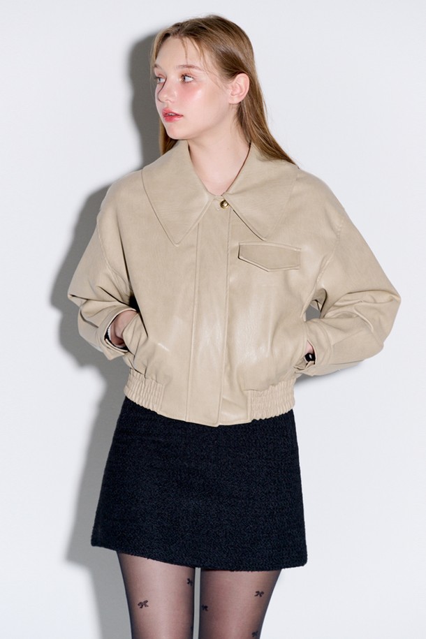 OPENING SUNSHINE - 레더 자켓 - Big collar eco leather blouson jacket_Beige