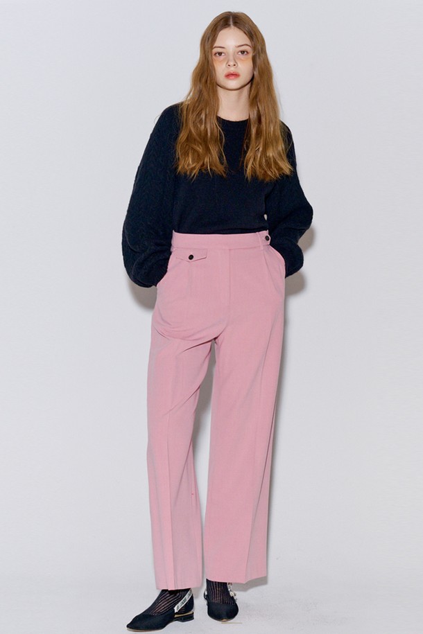 OPENING SUNSHINE - 롱/미디팬츠 - Button Point Wool Pintuck Wide Slacks Pink