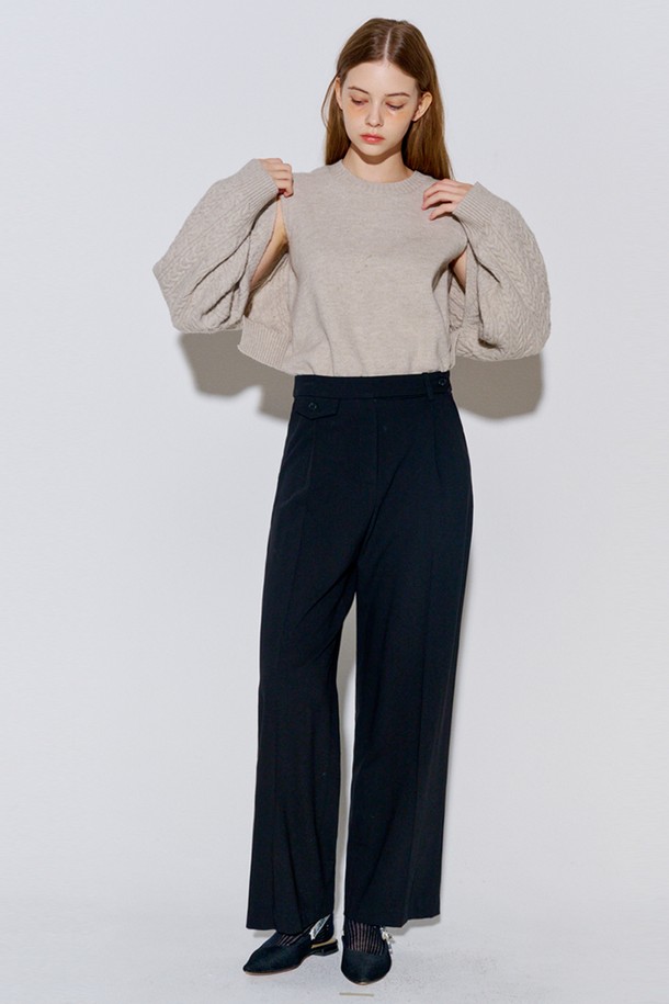 OPENING SUNSHINE - 롱/미디팬츠 - Button Point Wool Pintuck Wide Slacks Black