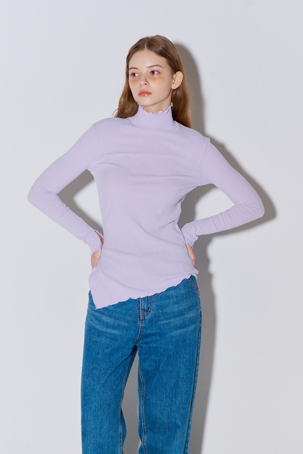 OPENING SUNSHINE - 긴소매 티셔츠 - High neck Slit Ribbed Jersey Top Lavender