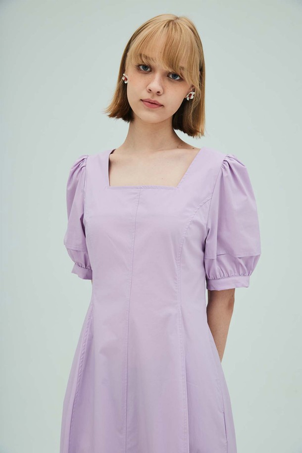 OPENING SUNSHINE - 반소매 원피스 - Square-neck puff sleeve flare dress_Lavender