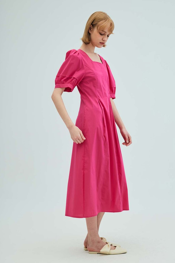 OPENING SUNSHINE - 반소매 원피스 - Square-neck puff sleeve flare dress_pink