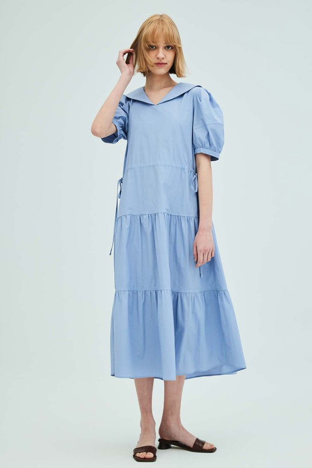 OPENING SUNSHINE - 반소매 원피스 - Sailor Collar Tiered Maxi Dress_Blue