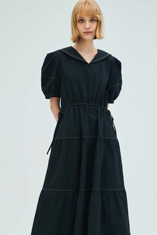 OPENING SUNSHINE - 반소매 원피스 - Sailor Collar Tiered Maxi Dress_Navy