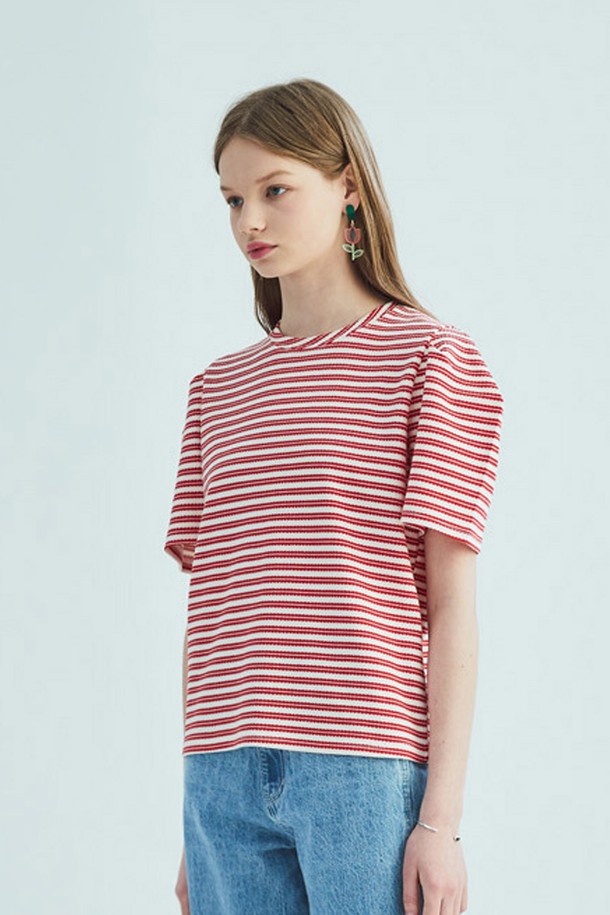 OPENING SUNSHINE - 반소매 티셔츠 - STRIPE PUFF SHORT SLEEVE T-SHIRT_RED