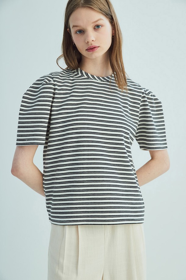 OPENING SUNSHINE - 반소매 티셔츠 - STRIPE PUFF SHORT SLEEVE T-SHIRT_BLACK