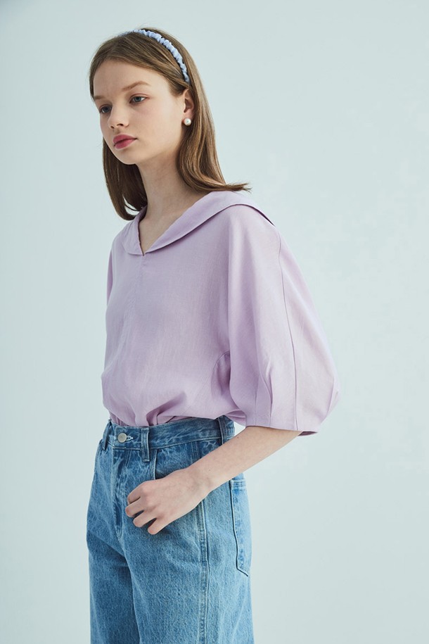 OPENING SUNSHINE - 블라우스 - SAILOR COLLAR LINEN PUFF SLEEVE BLOUSE_LAVENDER