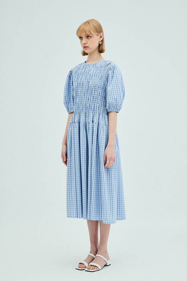 OPENING SUNSHINE - 반소매 원피스 - Shirring Detail Check Dress_Blue