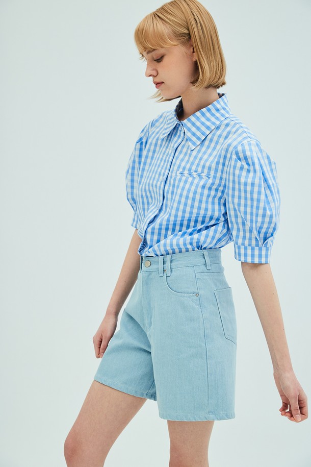 OPENING SUNSHINE - 블라우스 - Puff Short Sleeve Check Blouse_Blue