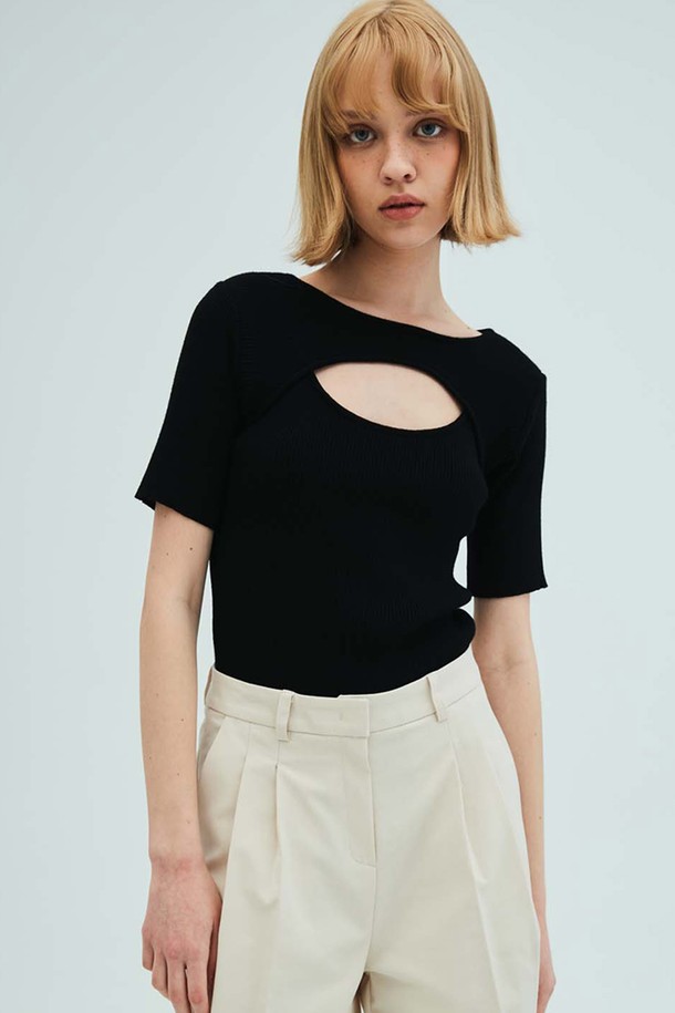 OPENING SUNSHINE - 스웨터 - Cutout Short Sleeve Slim Knit_Black