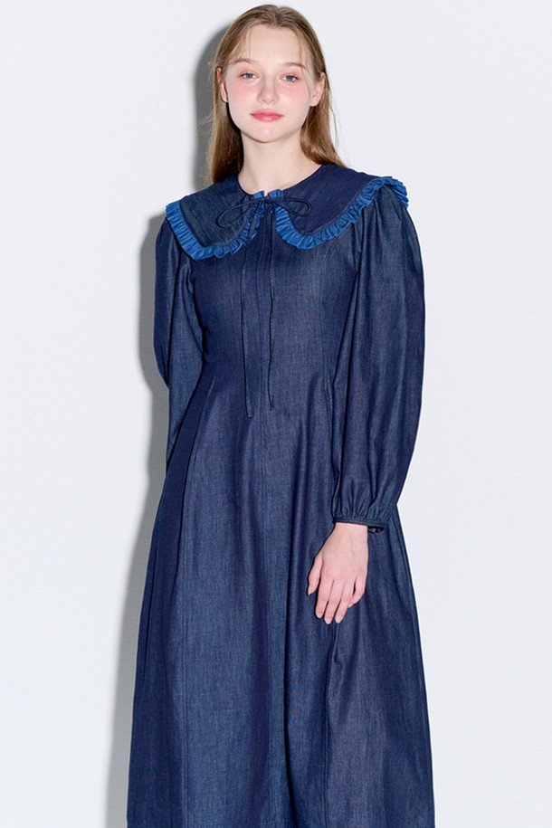 OPENING SUNSHINE - 긴소매 원피스 - Sailor collar flare long denim dress dark indigo