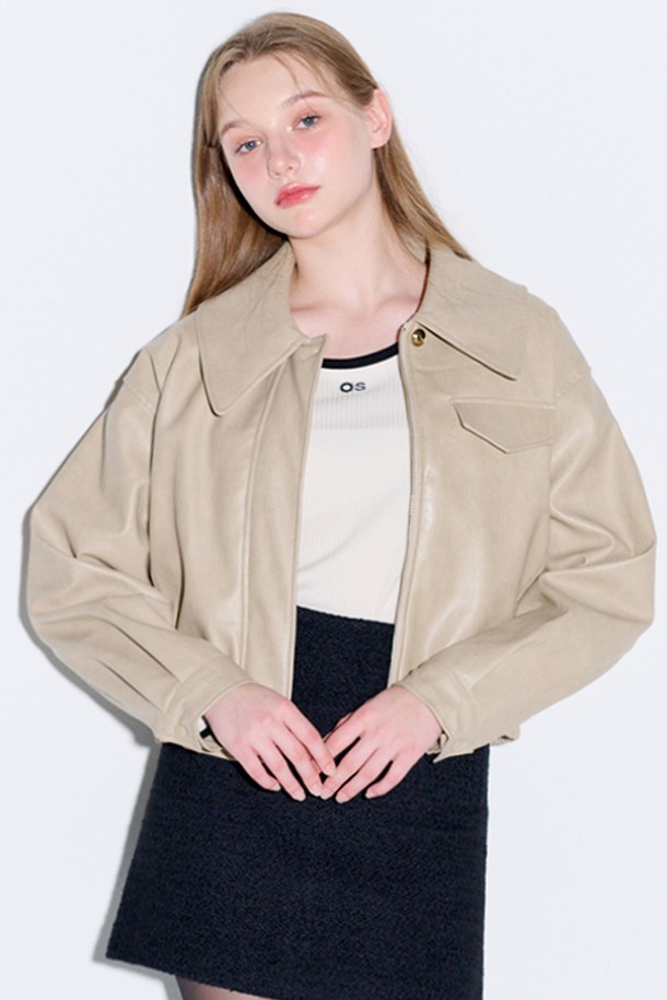 OPENING SUNSHINE - 레더 자켓 - Big collar eco leather blouson jacket_Beige