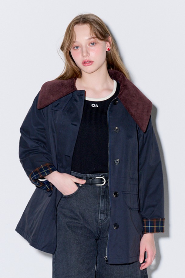 OPENING SUNSHINE - 트렌치코트 - Corduroy collar half trench mac coat_Navy