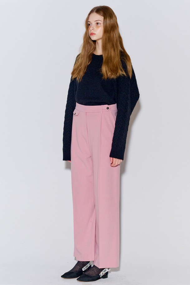 OPENING SUNSHINE - 롱/미디팬츠 - Button Point Wool Pintuck Wide Slacks Pink