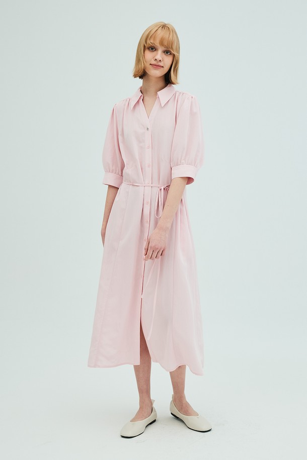 OPENING SUNSHINE - 반소매 원피스 - Open collar shirring detail shirt dress_pink