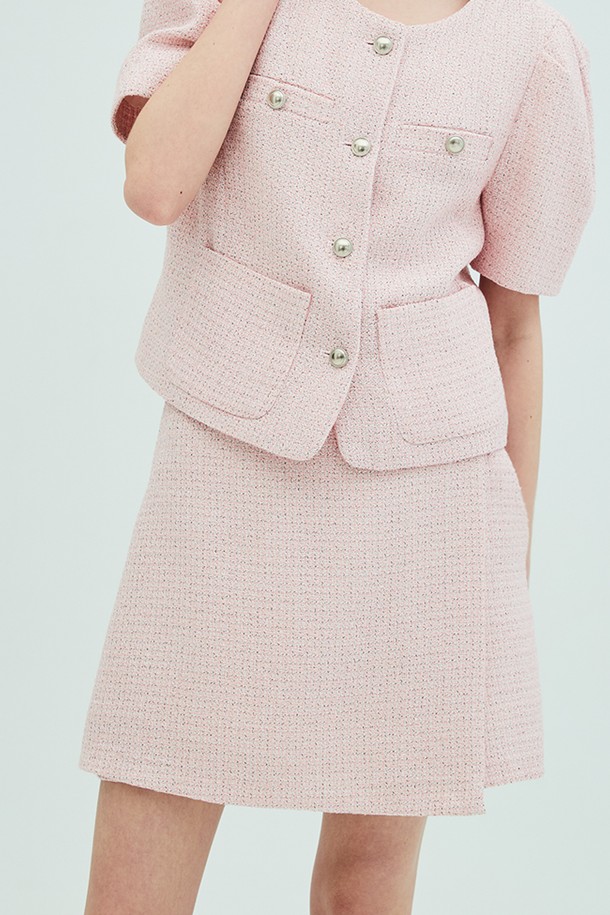 OPENING SUNSHINE - 셋업 - Puff Sleeve Tweed Jacket_Wrap Short Pants set_Pink