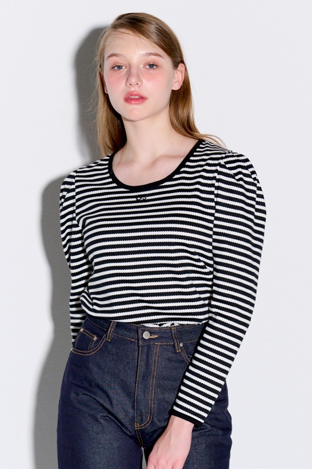 OPENING SUNSHINE - 긴소매 티셔츠 - Ribbon detail ribbed puff top_Stripe Black