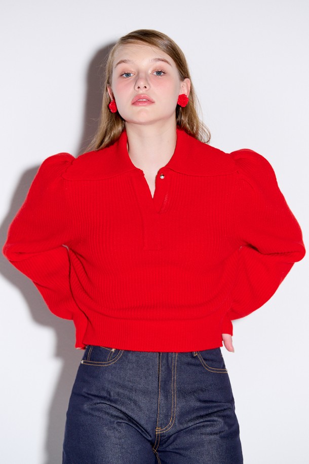 OPENING SUNSHINE - 스웨터 - Collar neck puff knit_Red