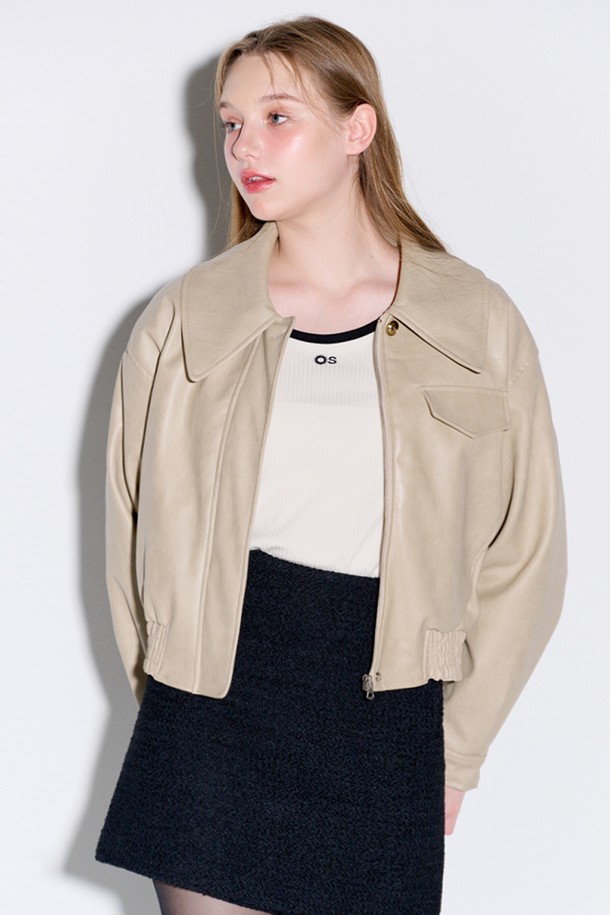 OPENING SUNSHINE - 레더 자켓 - Big collar eco leather blouson jacket_Beige