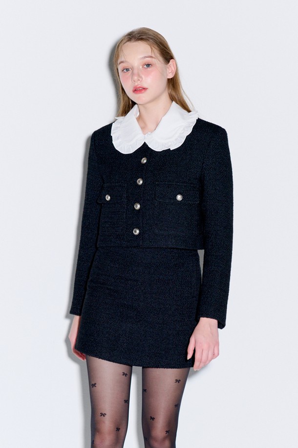 OPENING SUNSHINE - 자켓 - Boucle tweed cropped Wool jacket_Black