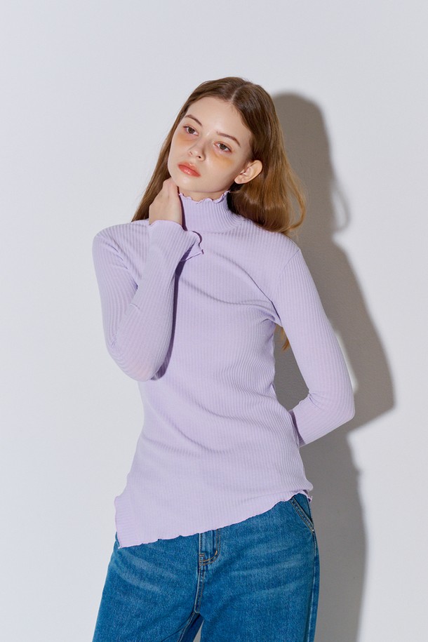 OPENING SUNSHINE - 긴소매 티셔츠 - High neck Slit Ribbed Jersey Top Lavender