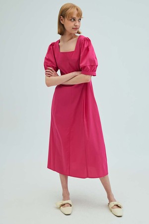 Square-neck puff sleeve flare dress_pink