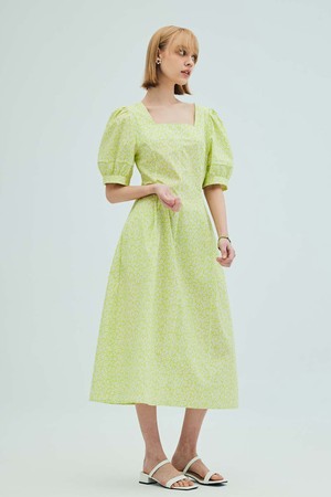 Square-neck puff sleeve flare dress_Lime