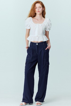 Wide Leg Stitch Cargo Pants_Navy