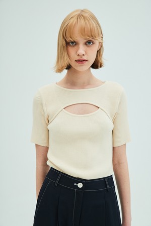 Cutout Short Sleeve Slim Knit_Cream